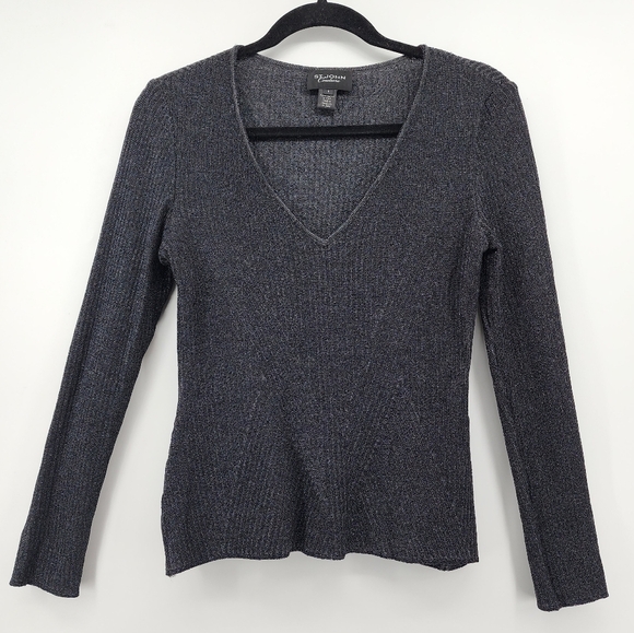 St. John Couture Black Metallic V-Neck Long Sleeve Knit Blouse Size 2 - Picture 1 of 8